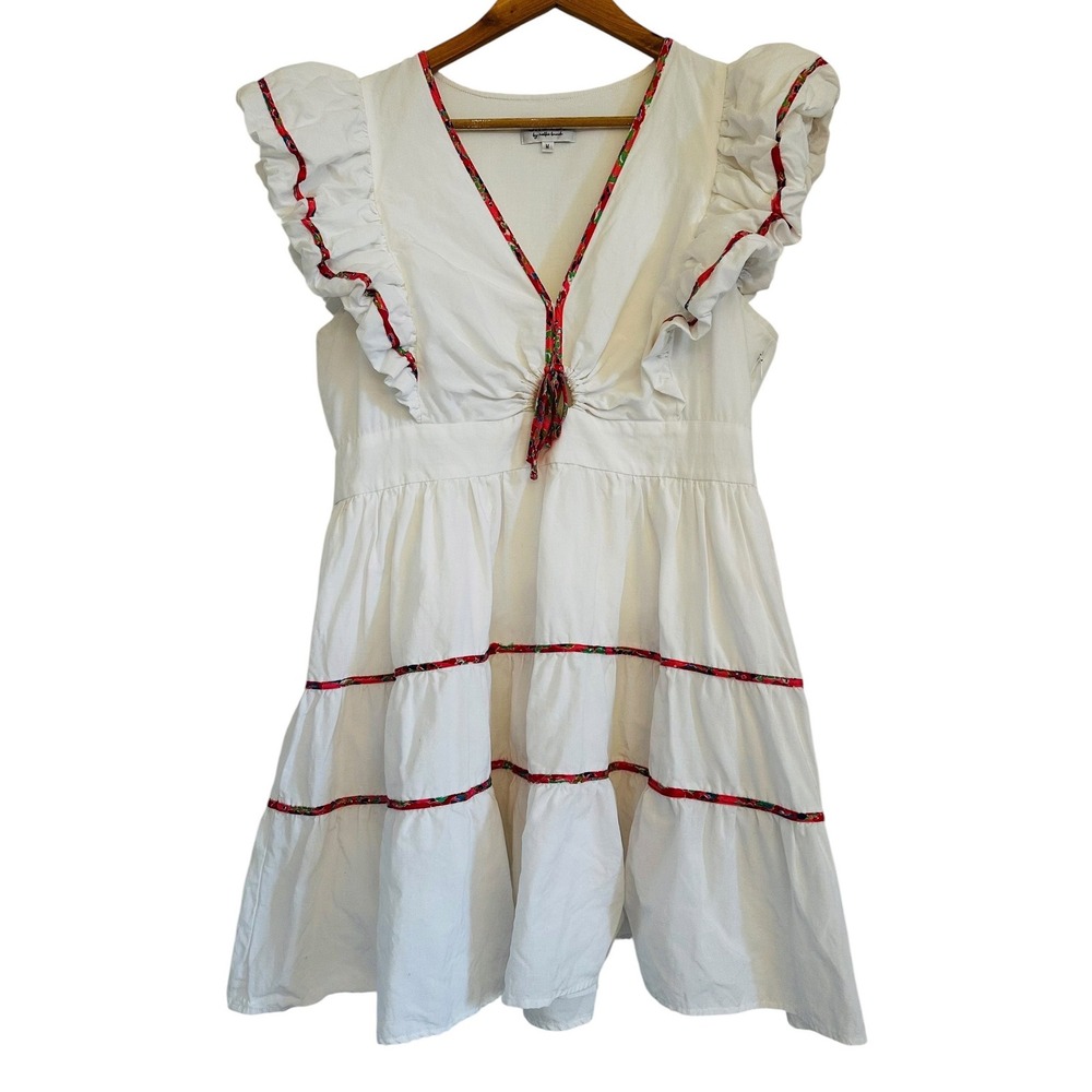 Crosby by Mollie Burch White Tiered Mini Dress Ruffle Sleeve Floral Trim M Linen